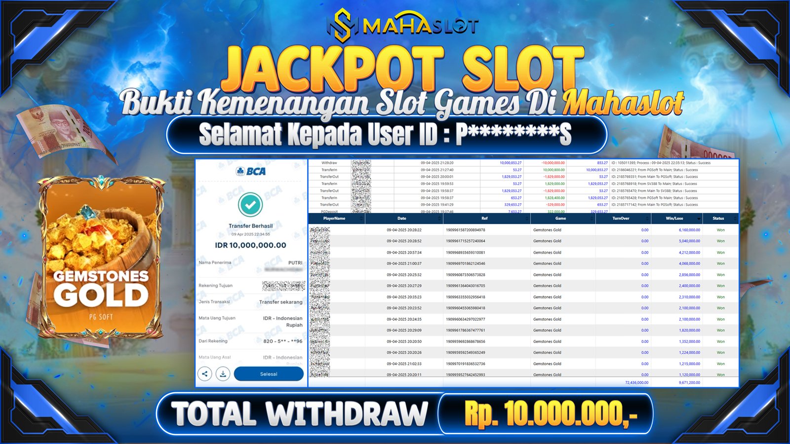 MAHASLOT JACKPOT SLOT GAMES GEMSTONES GOLD Rp. 10.000.000,- LUNAS