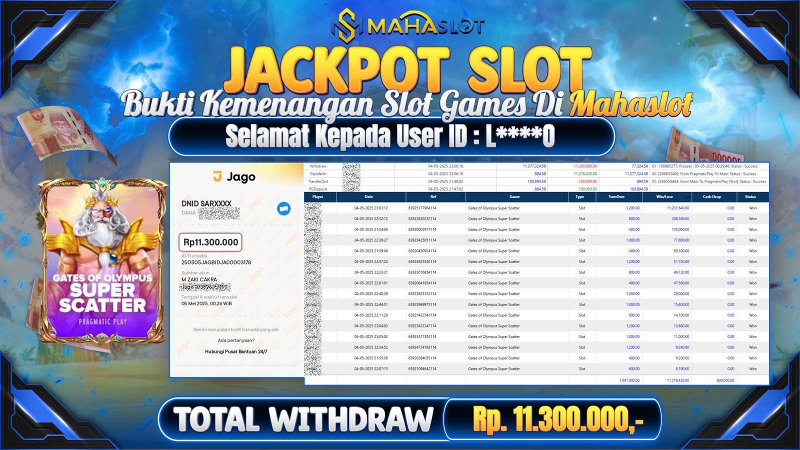 MAHASLOT JACKPOT SLOT GAMES GATES OF OLYMPUS SUPER SCATTER Rp. 11.300.000,- LUNAS
