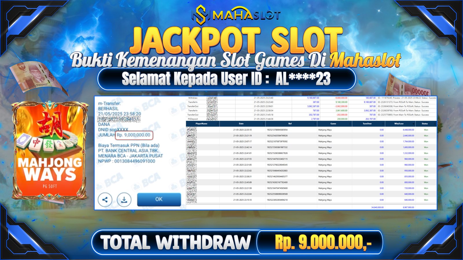 MAHASLOT JACKPOT SLOT MAHJONG WAYS Rp. 9.000.000,- LUNAS