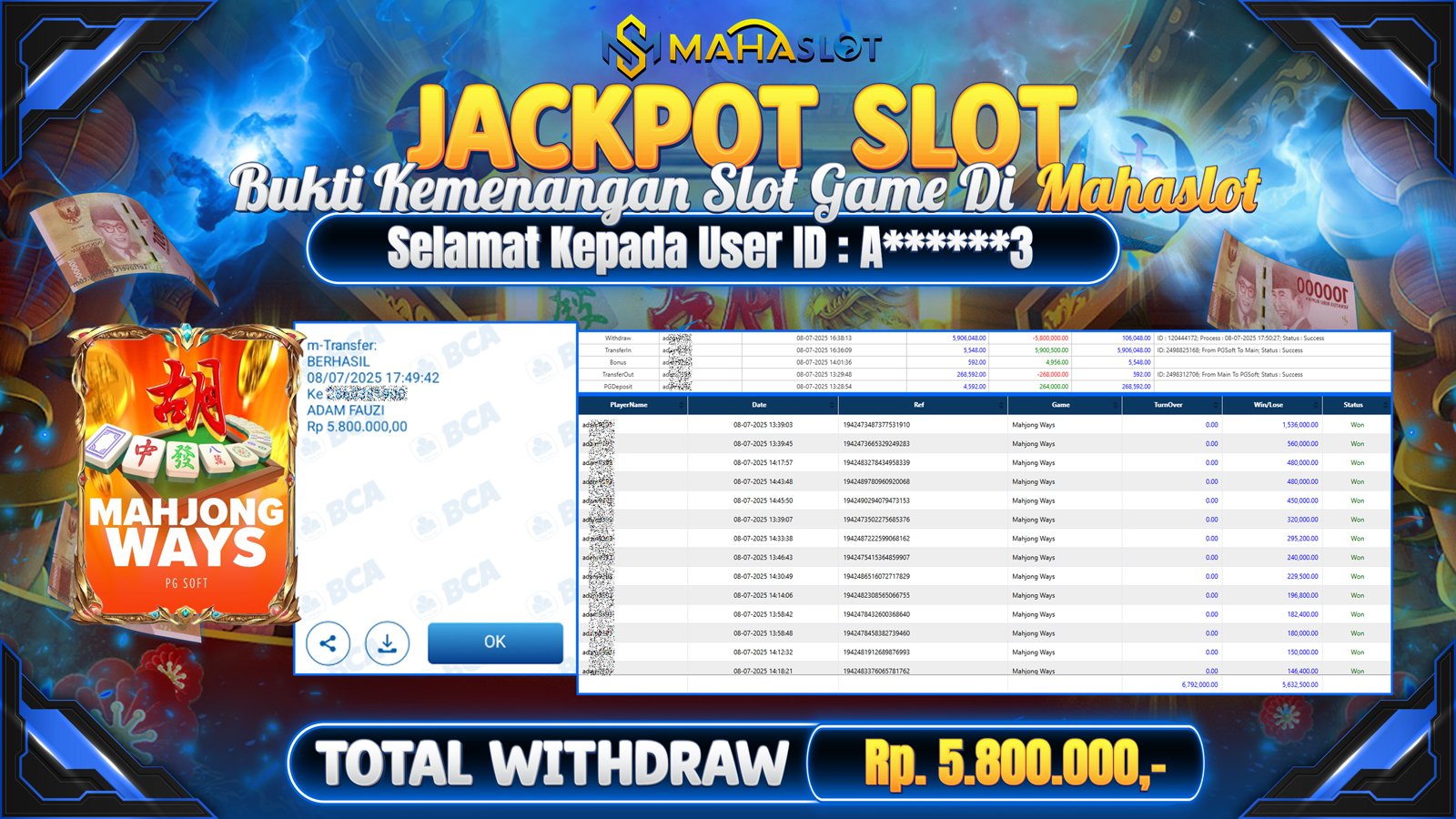 MAHASLOT JACKPOT SLOT GAME MAHJONG WAYS Rp. 5.800.000,- LUNAS