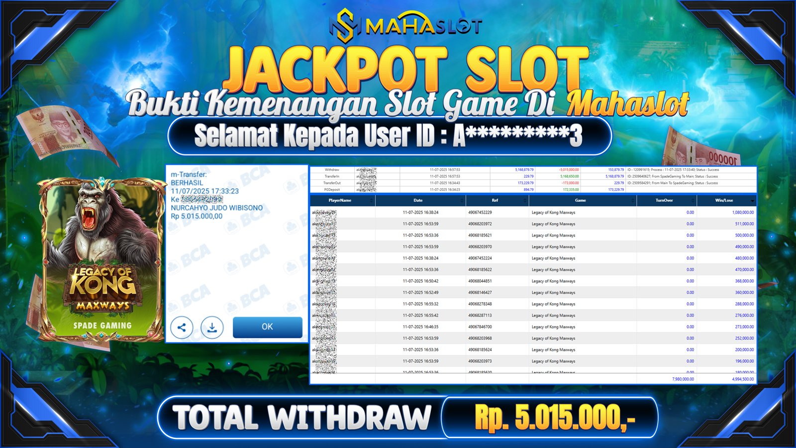 MAHASLOT JACKPOT SLOT GAME LEGACY OF KONG MAXWAYS Rp. 5.015.000,- LUNAS