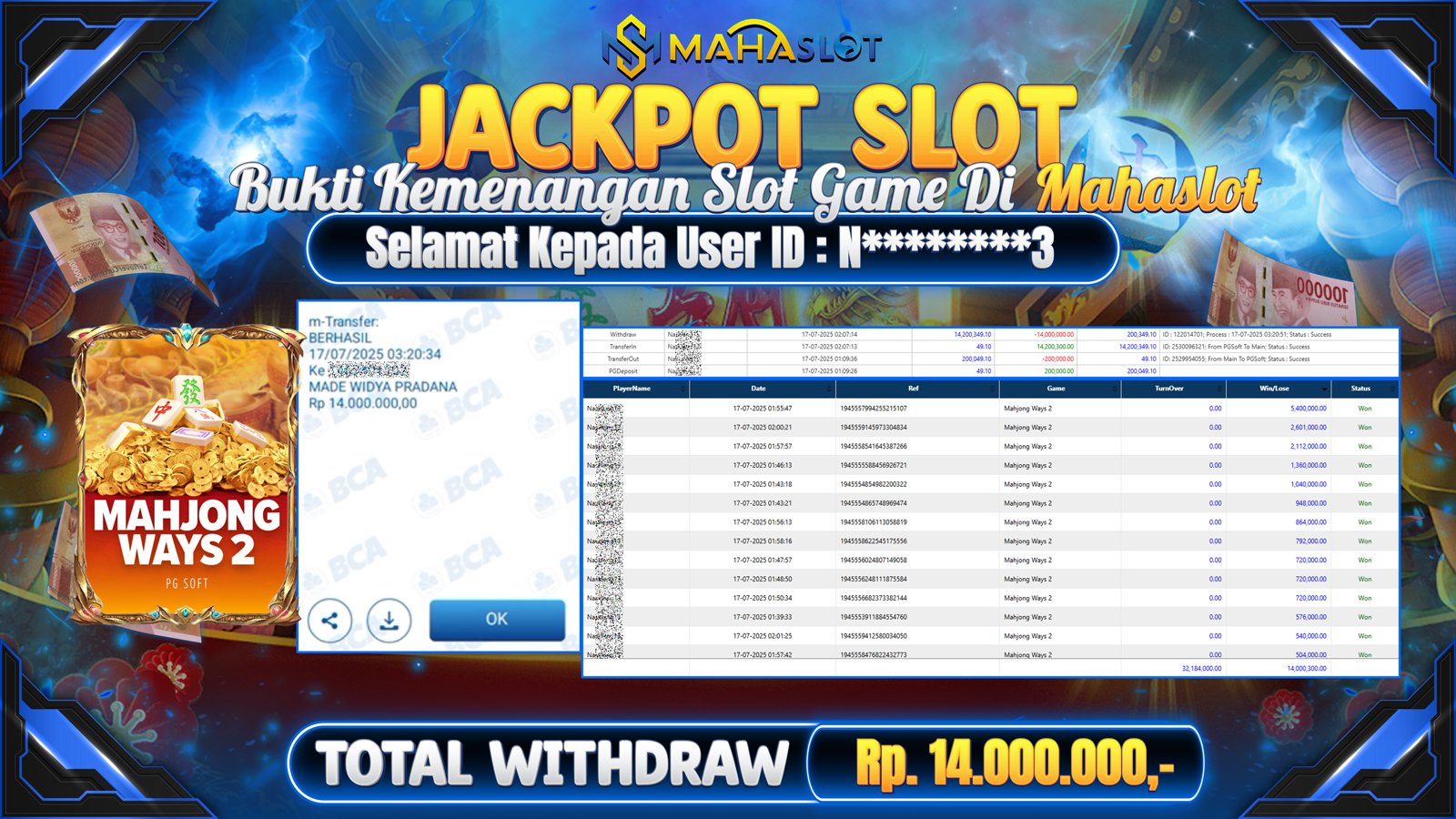 MAHASLOT JACKPOT SLOT GAME MAHJONG WAYS 2 Rp. 14.000.000,- LUNAS