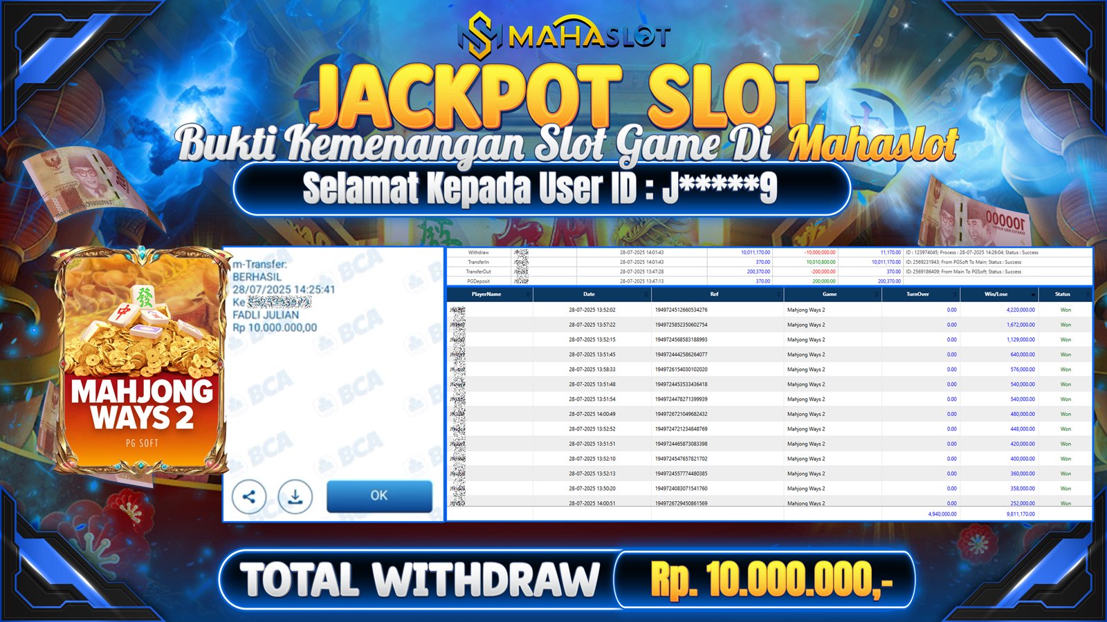 MAHASLOT JACKPOT SLOT GAME MAHJONG WAYS 2 Rp. 10.000.000,- LUNAS