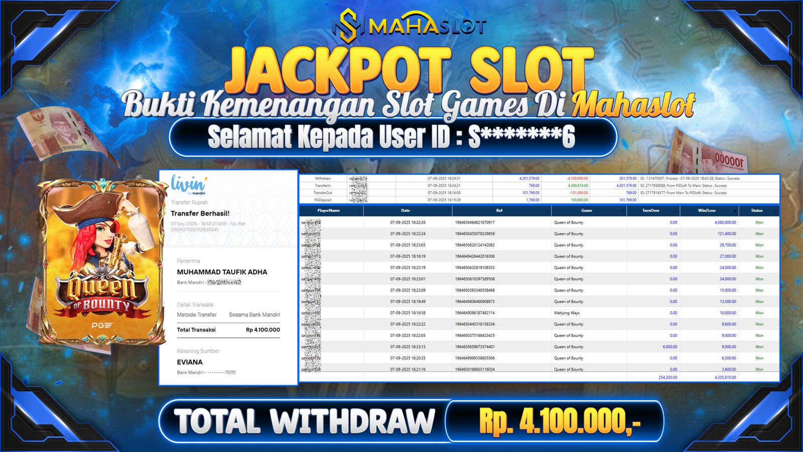 MAHASLOT JACKPOT SLOT GAME QUEEN OF BOUNTY Rp. 4.100.000,- LUNAS