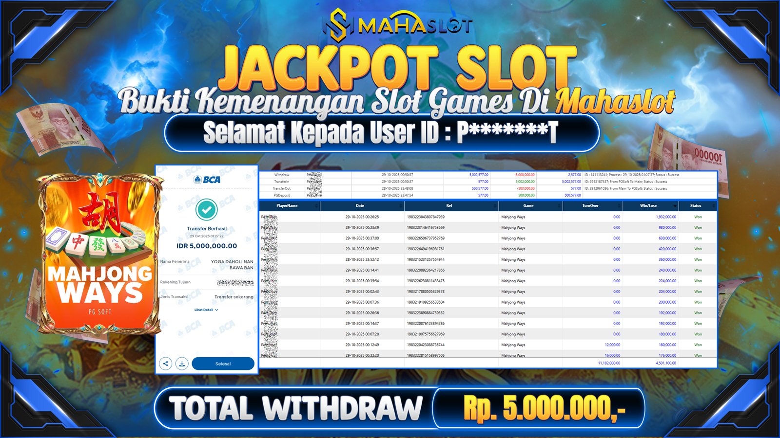 MAHASLOT JACKPOT SLOT GAME MAHJONG WAYS Rp. 5.000.000,- LUNAS