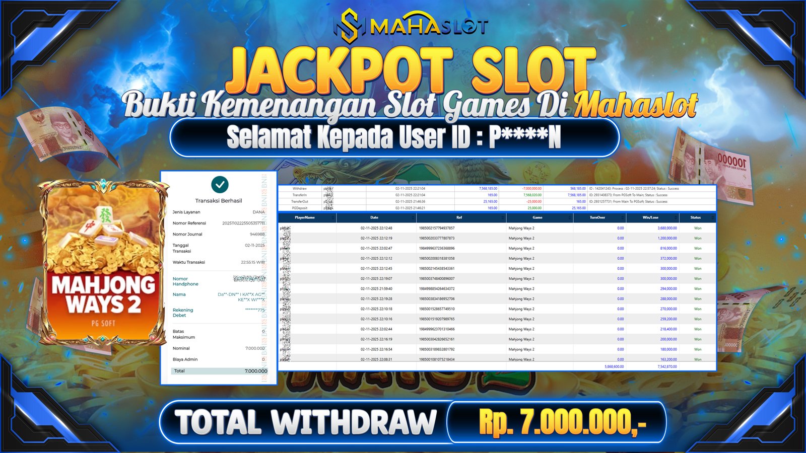 MAHASLOT JACKPOT SLOT GAME MAHJONG WAYS 2 Rp. 7.000.000,- LUNAS