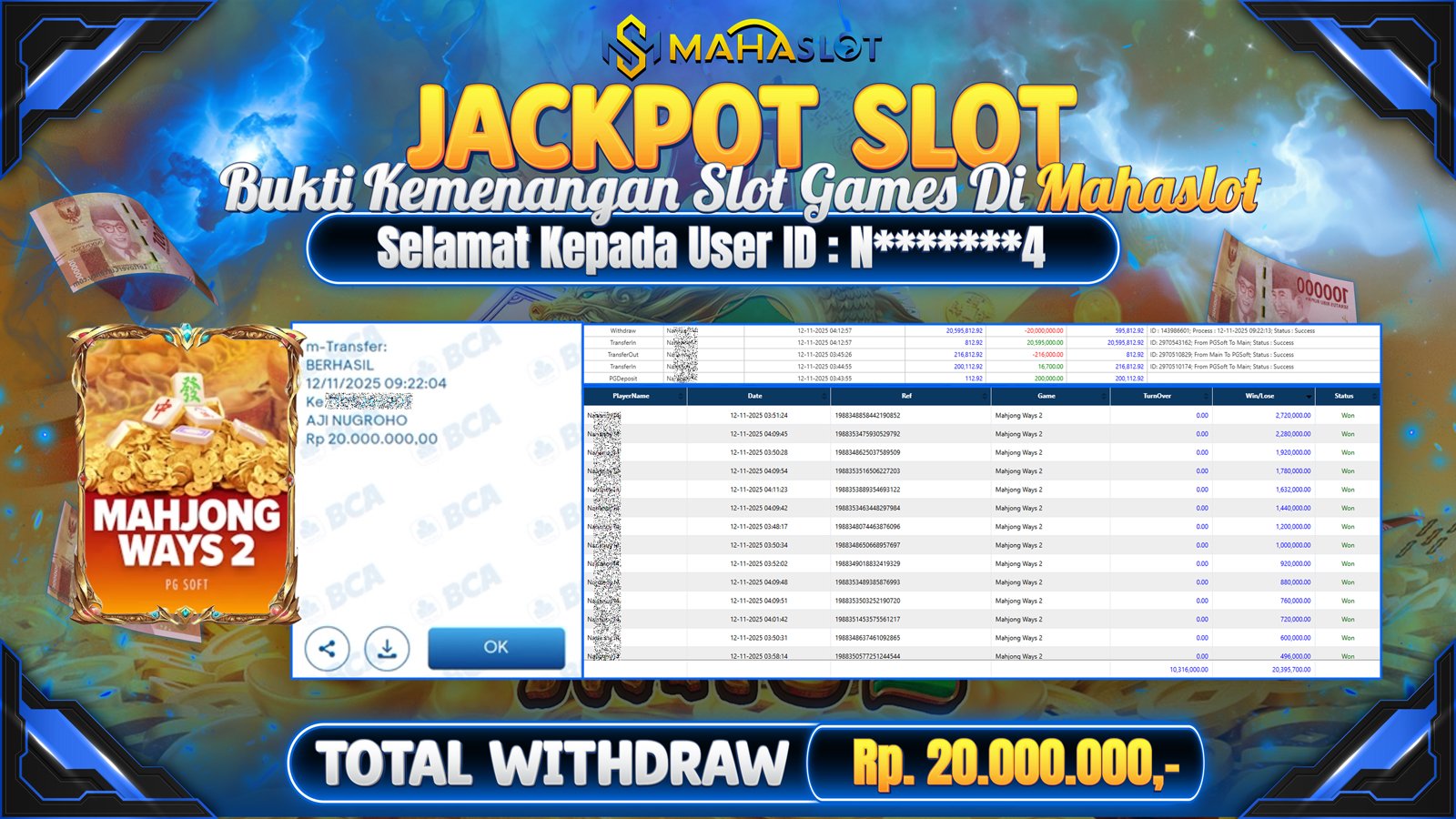 MAHASLOT JACKPOT SLOT GAME MAHJONG WAYS 2 Rp. 20.000.000,- LUNAS