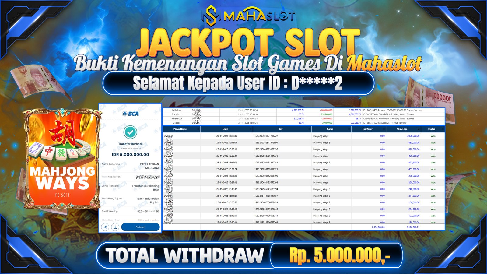MAHASLOT JACKPOT SLOT GAME MAHJONG WAYS Rp. 5.000.000,- LUNAS