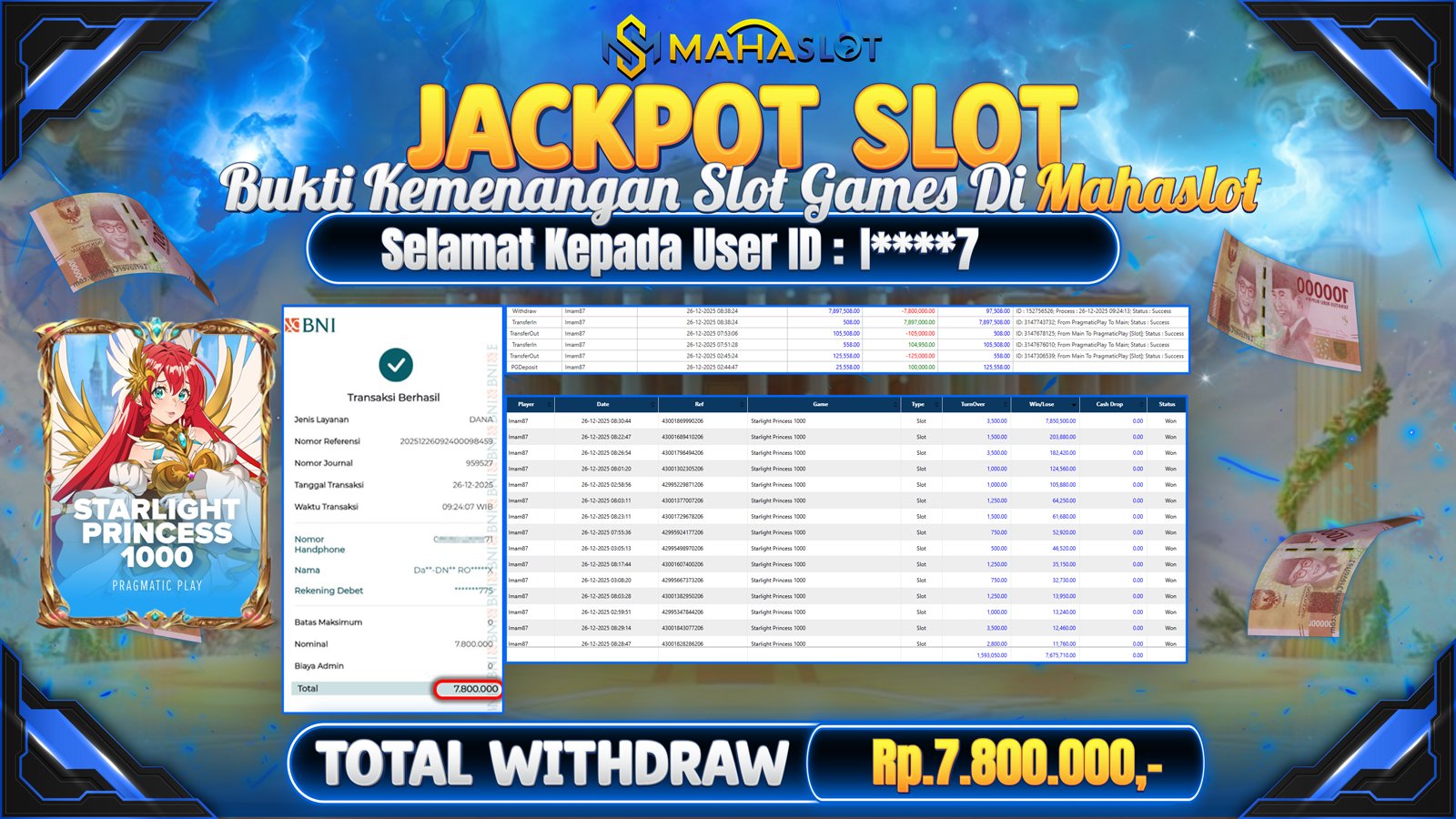 MAHASLOT JACKPOT SLOT GAME STARLIGHT PRINCESS 1000 Rp. 7.800.000,- LUNAS