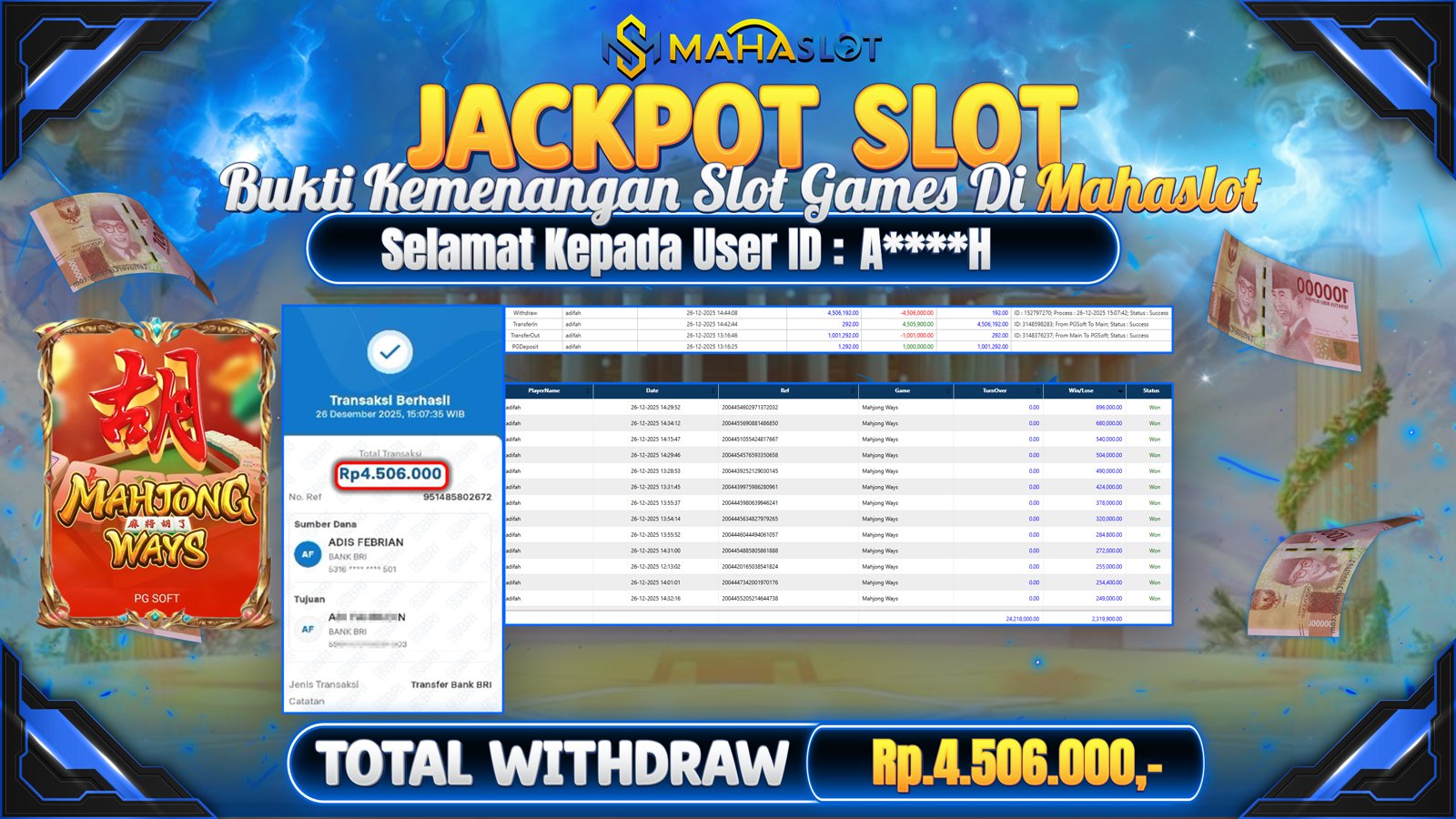 MAHASLOT JACKPOT SLOT GAME MAHJONG WAYSR Rp. 4.506.000,- LUNAS