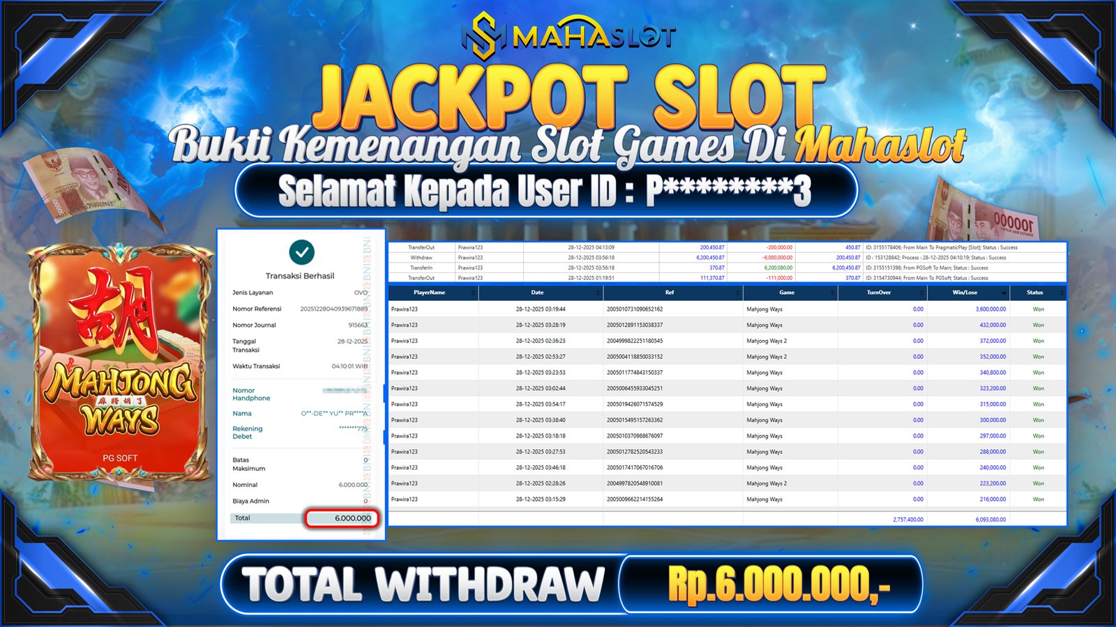 MAHASLOT JACKPOT SLOT GAME MAHJONG WAYS Rp. 6.000.000,- LUNAS