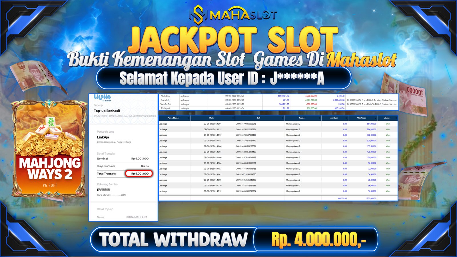 MAHASLOT JACKPOT SLOT GAME MAHJONG WAYS 2 Rp. 4.000.000,- LUNAS