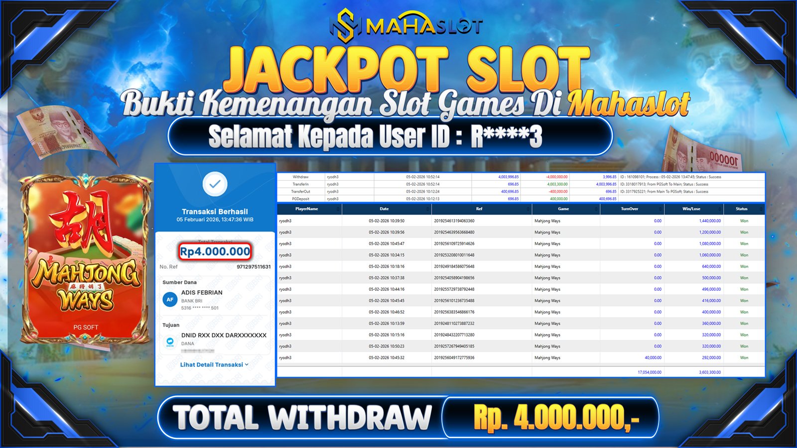 MAHASLOT JACKPOT SLOT GAME MAHJONG WAYS Rp. 4.000.000,- LUNAS