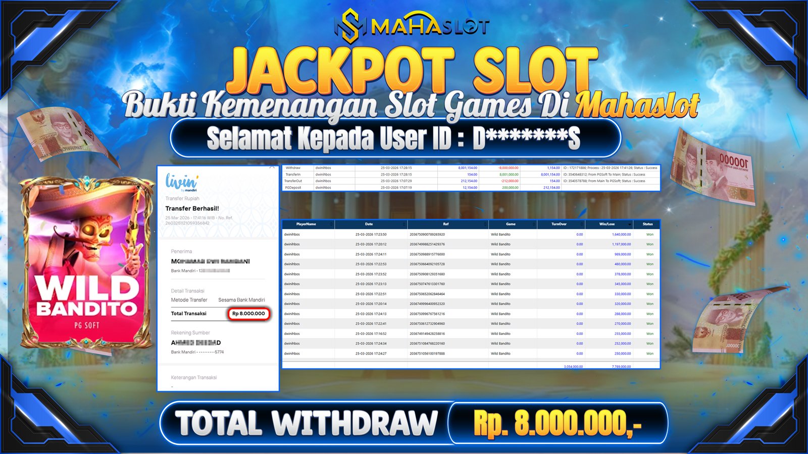 MAHASLOT JACKPOT SLOT GAME WILD BANDITO Rp. Rp.8.000.000,- LUNAS